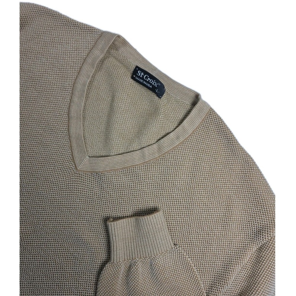 Vintage St Croix Knits Sweater Mens LARGE TAN Waffle Knit V Neck Made in USA